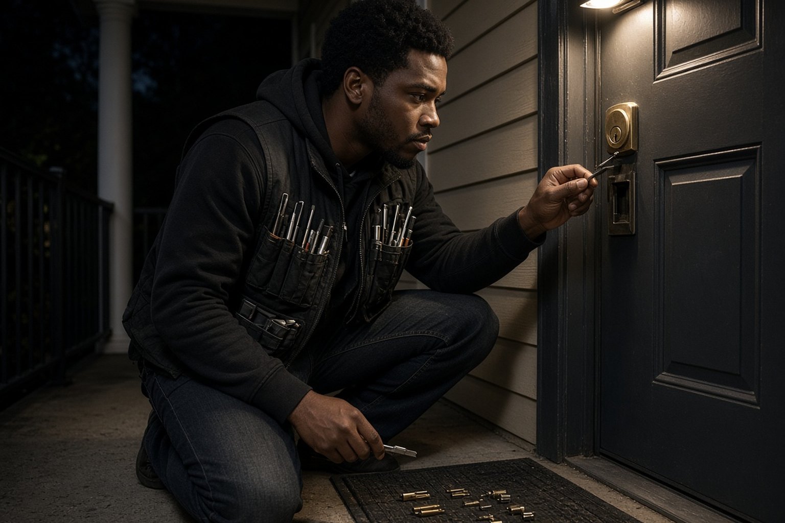 Locksmith working on a front door lock at night