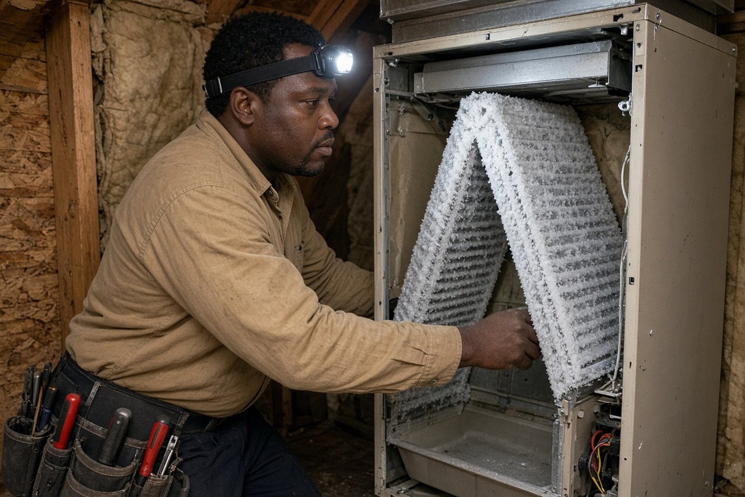 Technician inspecting an evaporator coil inside an air handler