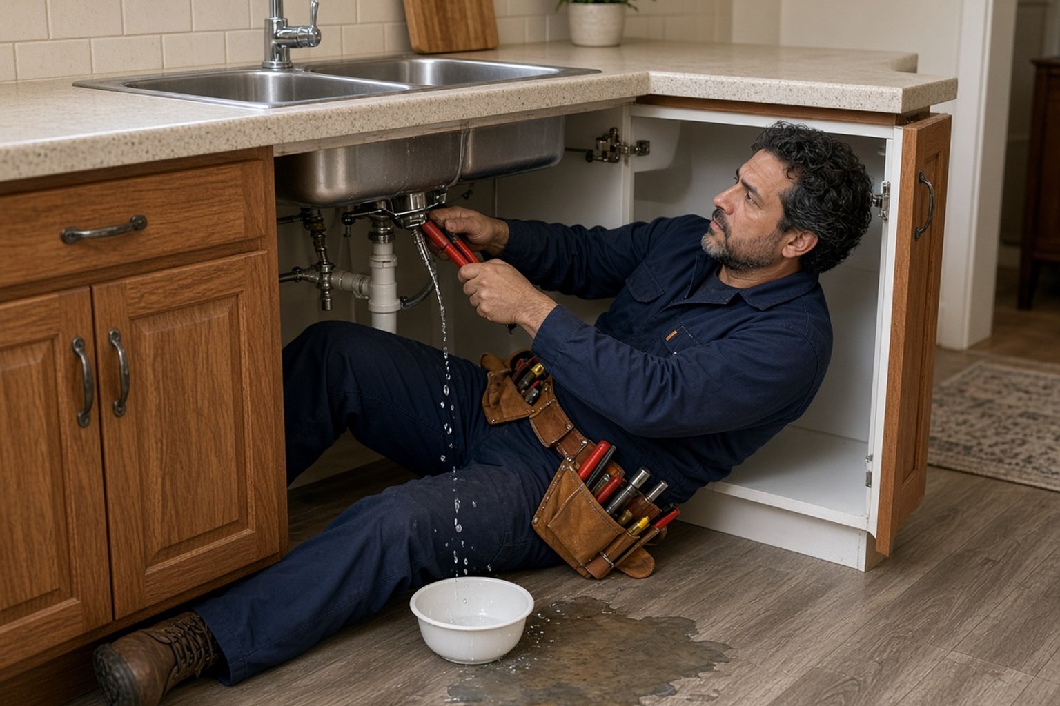 Plumber lying under a kitchen sink to repair a leaking pipe