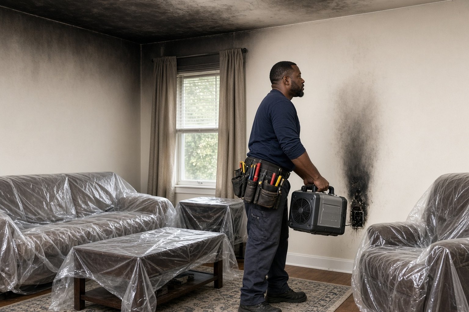 Technician working in a fire-damaged living room with furniture covered in plastic