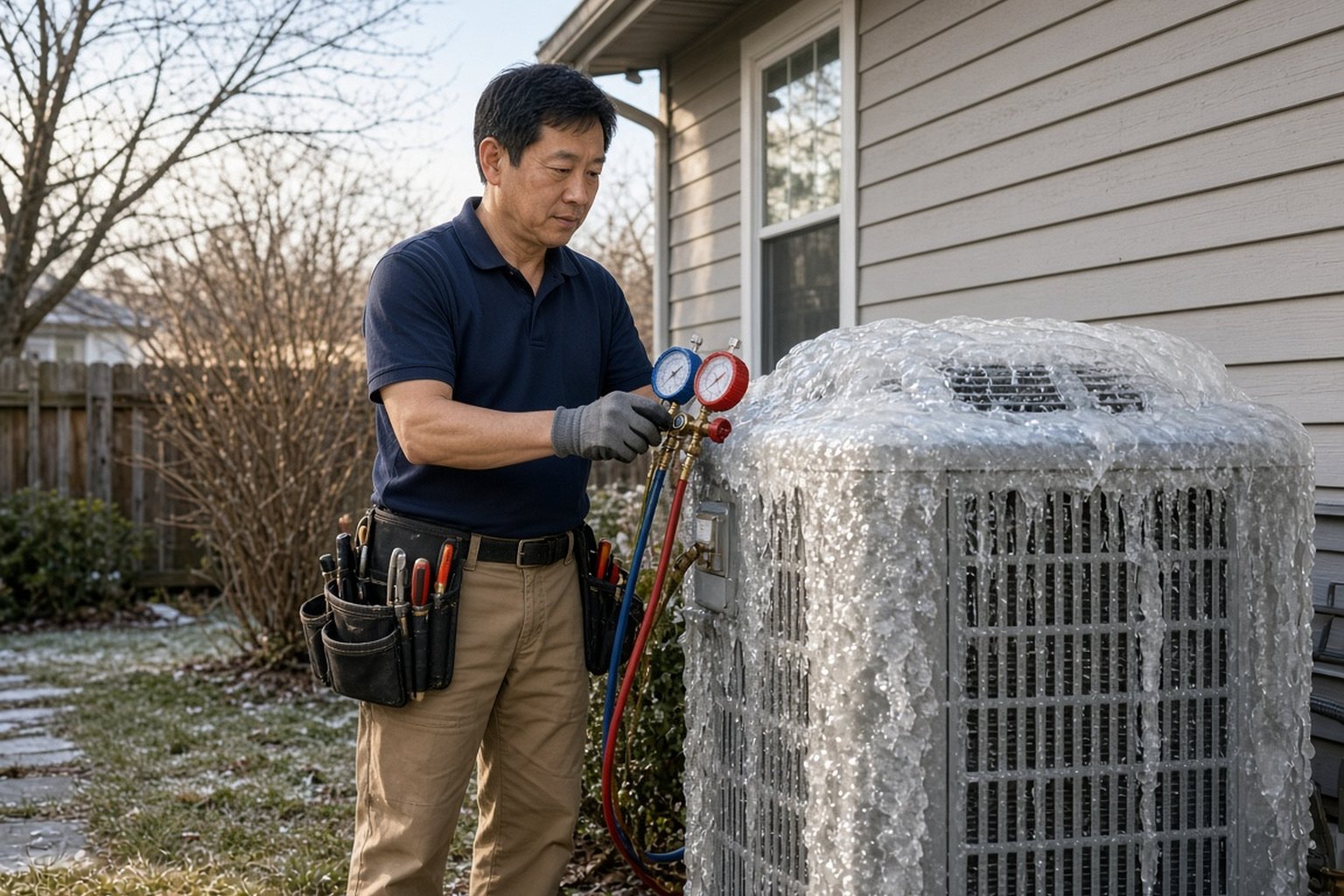Technician checking refrigerant gauges at an iced-over outdoor heat pump