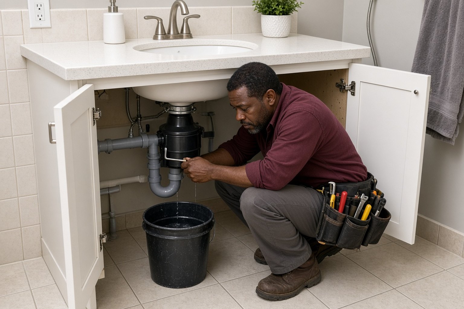 Plumber working on the drain and garbage disposal under a sink