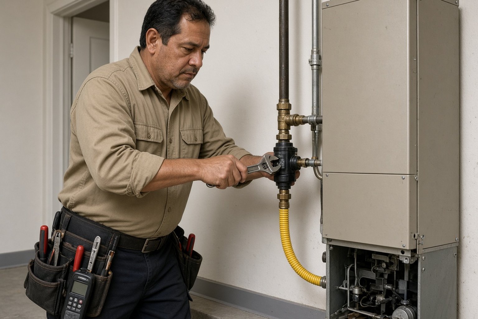 Technician tightening a gas line fitting at a furnace