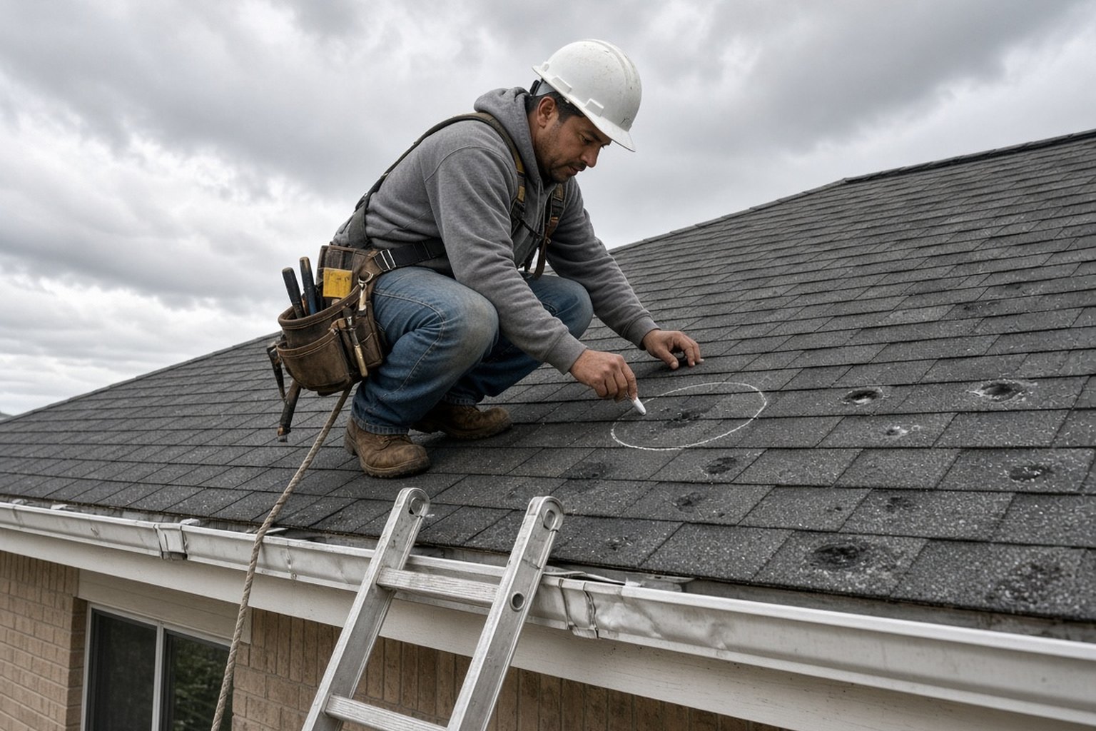 Roofer inspecting hail-damaged shingles