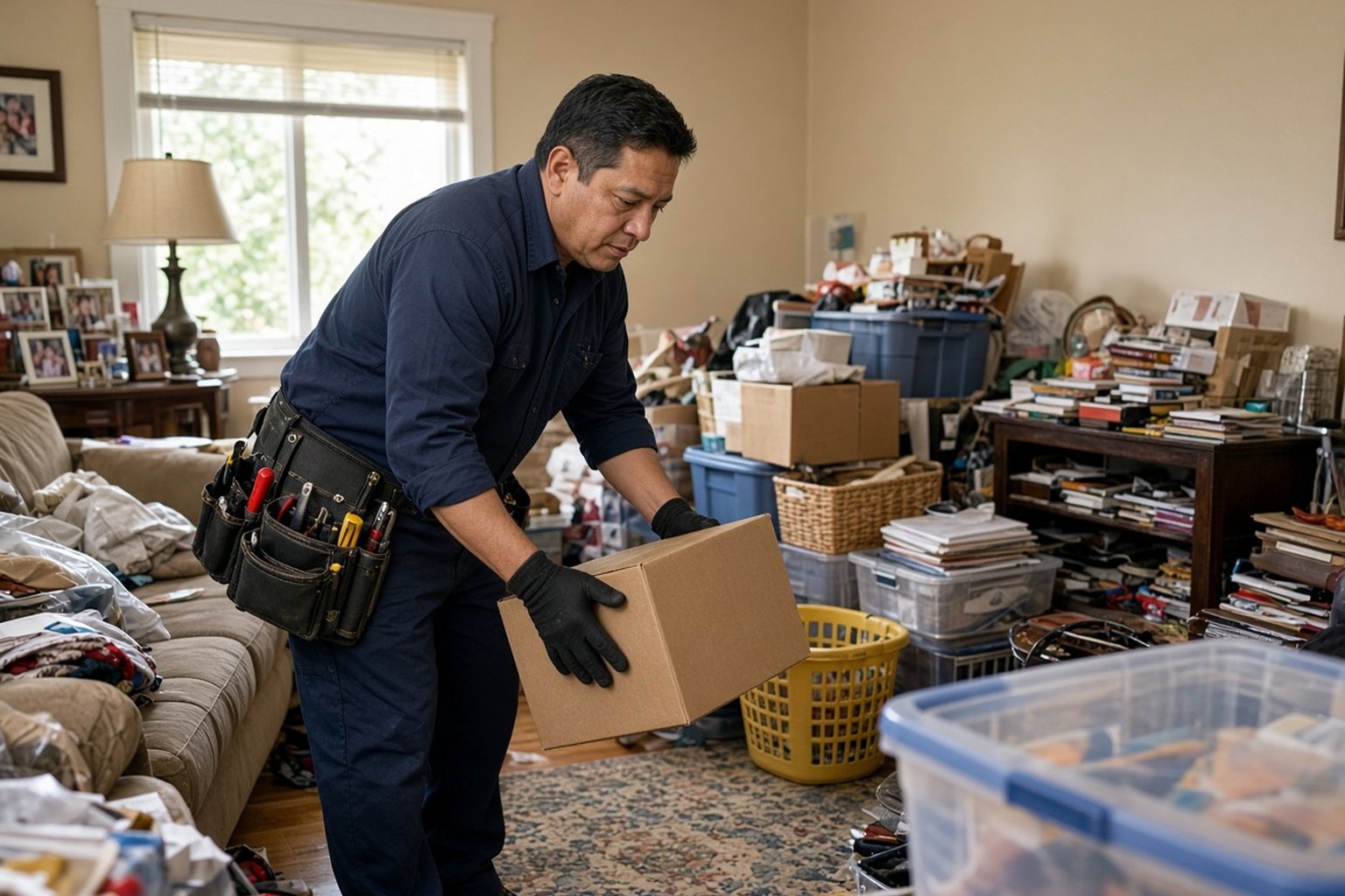 Worker clearing clutter from a crowded living room