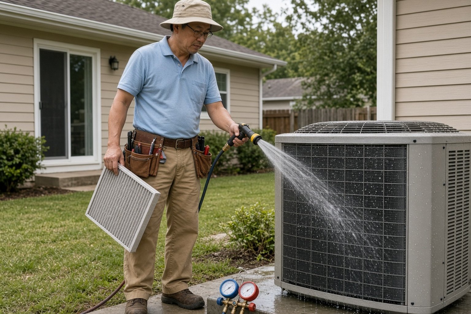 Technician rinsing an outdoor air conditioner coil with a hose