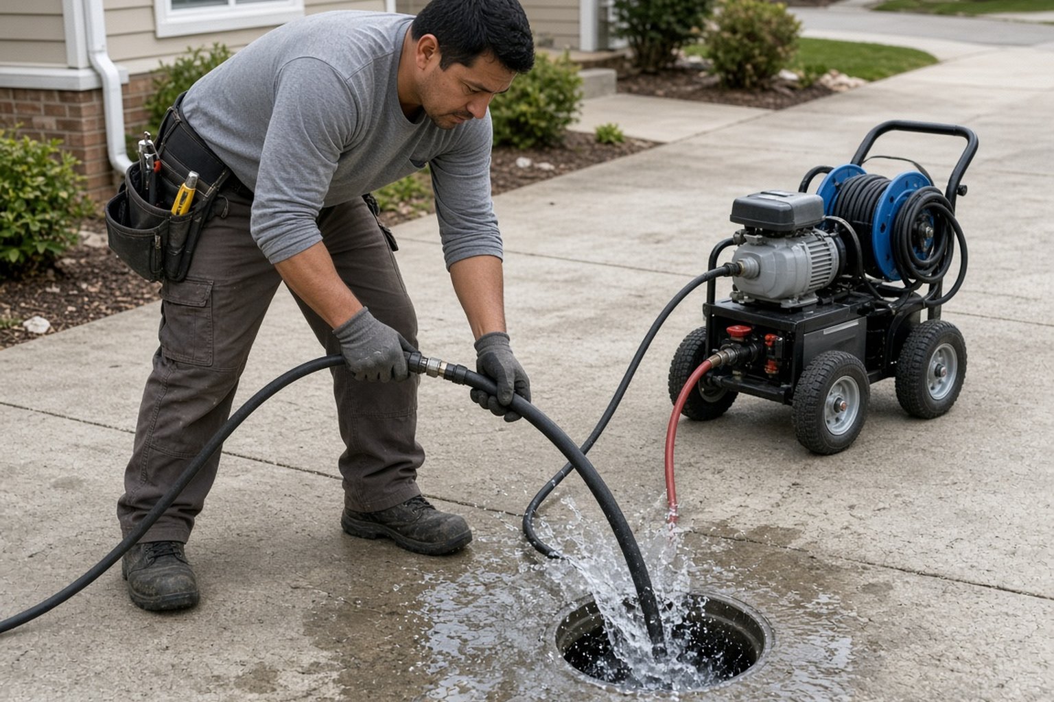 Technician running a hydro-jetting hose into an outdoor drain