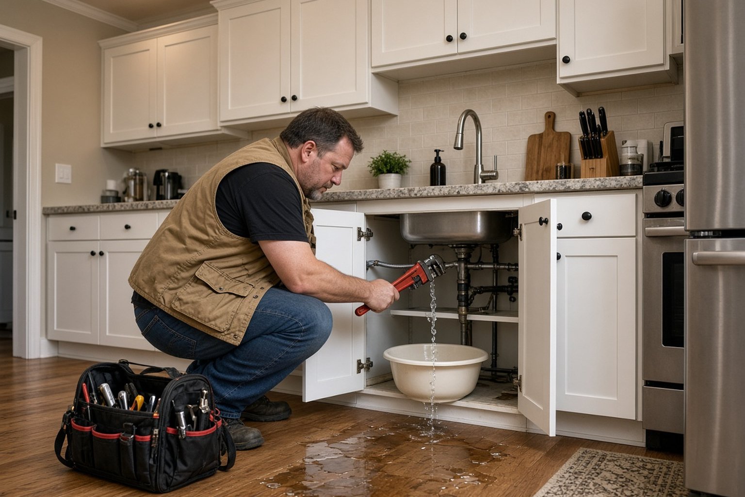 Plumber repairing a leaking pipe under a kitchen sink