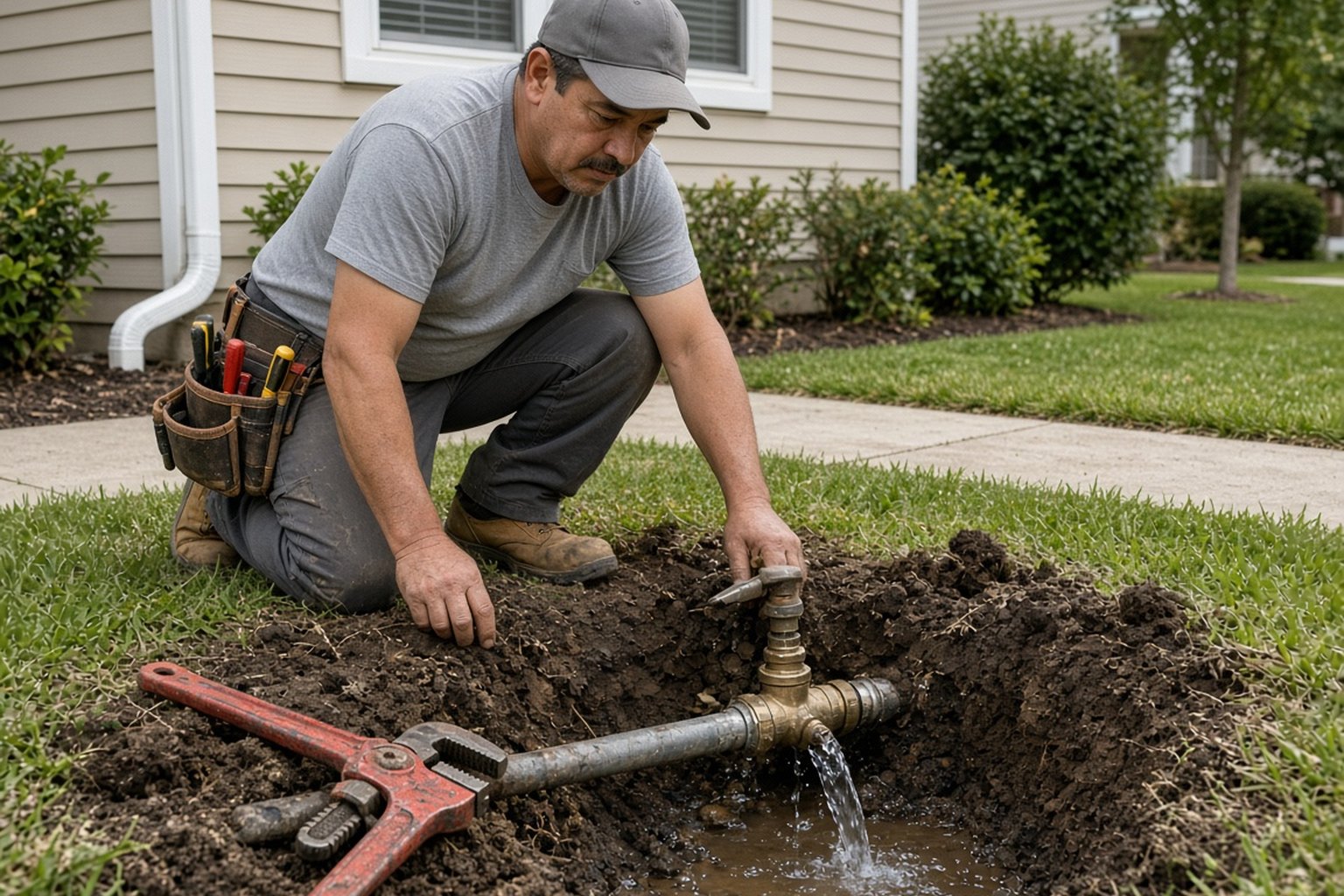 Plumber repairing a leaking water line in a trench in a front yard