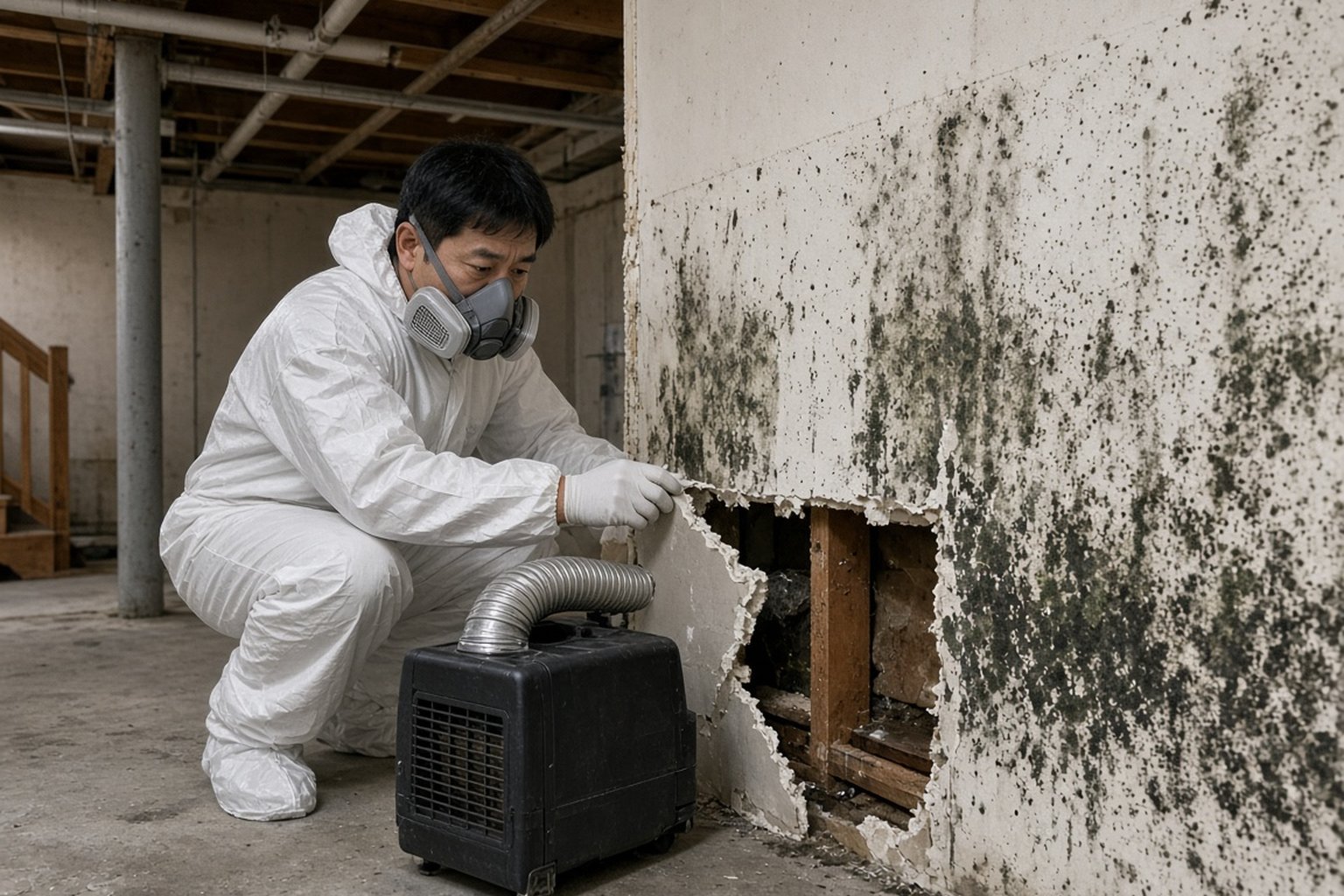 Technician in protective gear removing moldy drywall in a basement