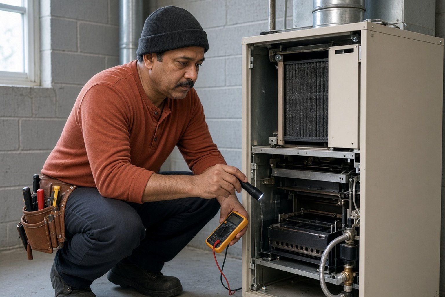 Technician testing a furnace with a multimeter
