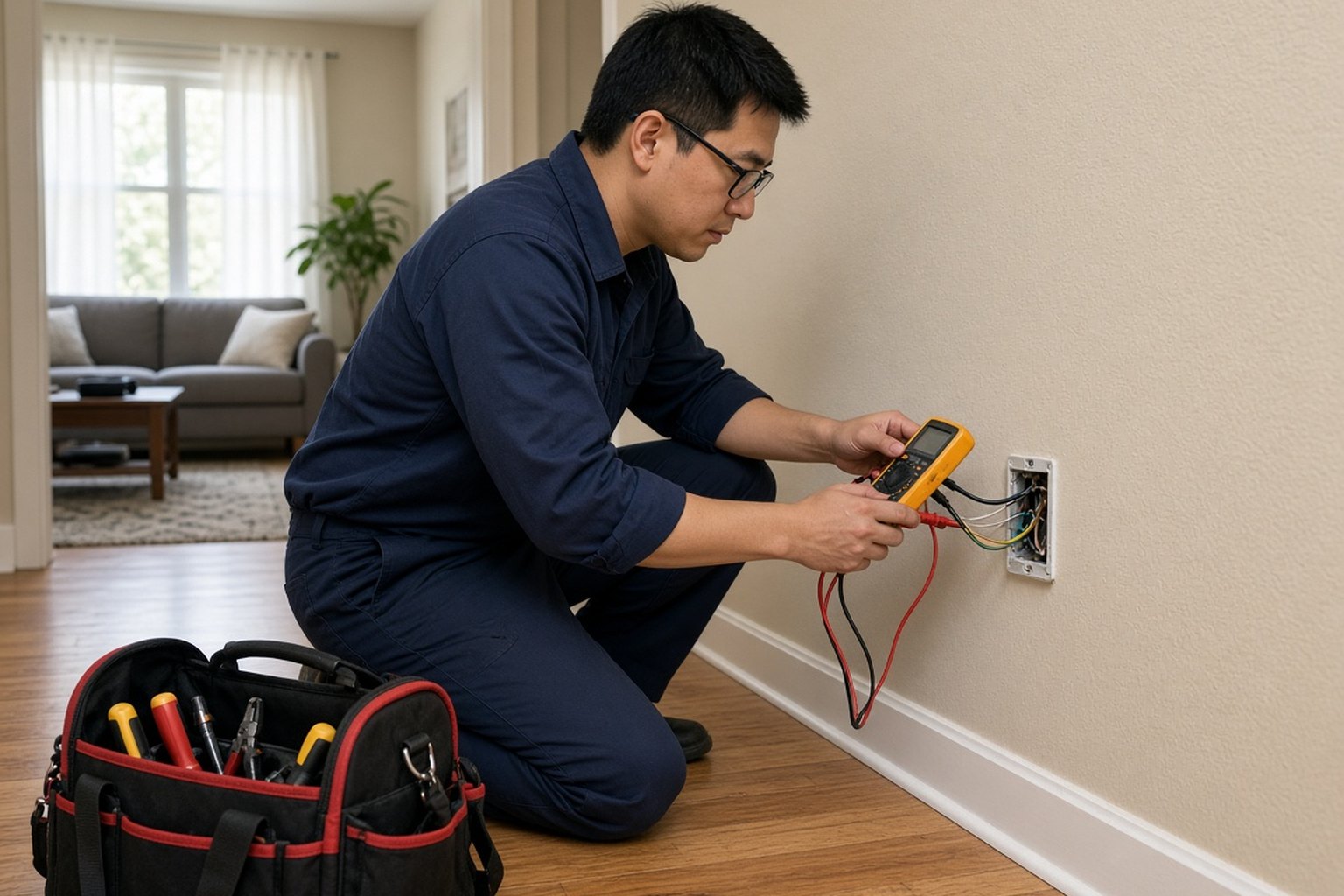 Technician testing a wall outlet with a multimeter