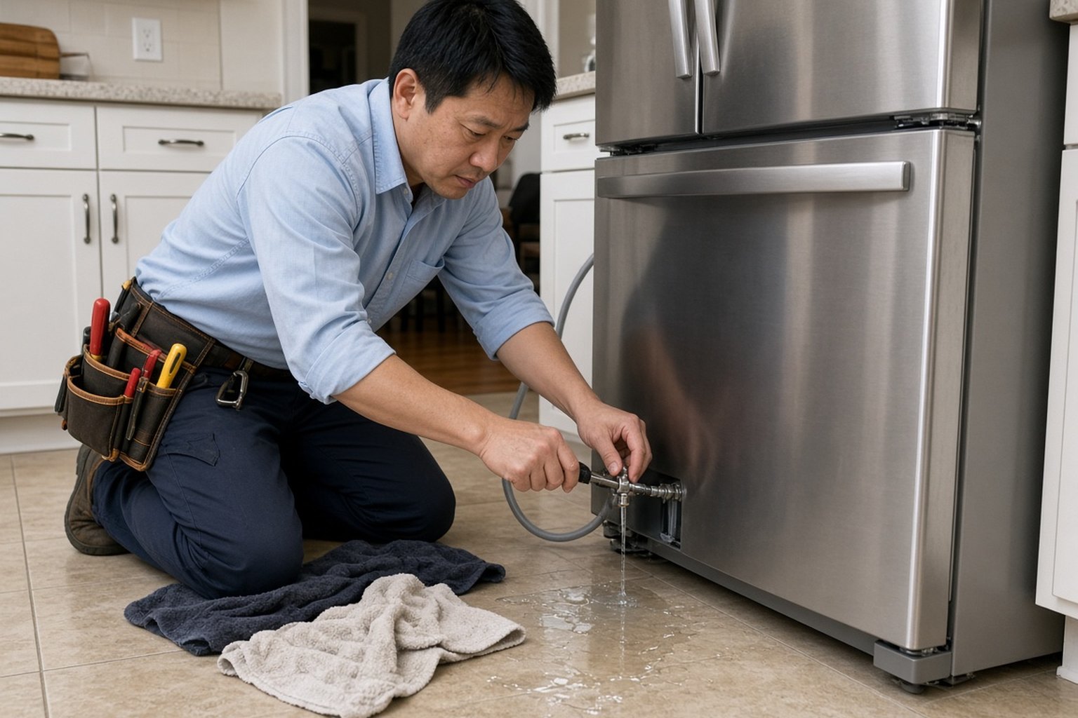 Technician repairing a refrigerator water line on a wet kitchen floor
