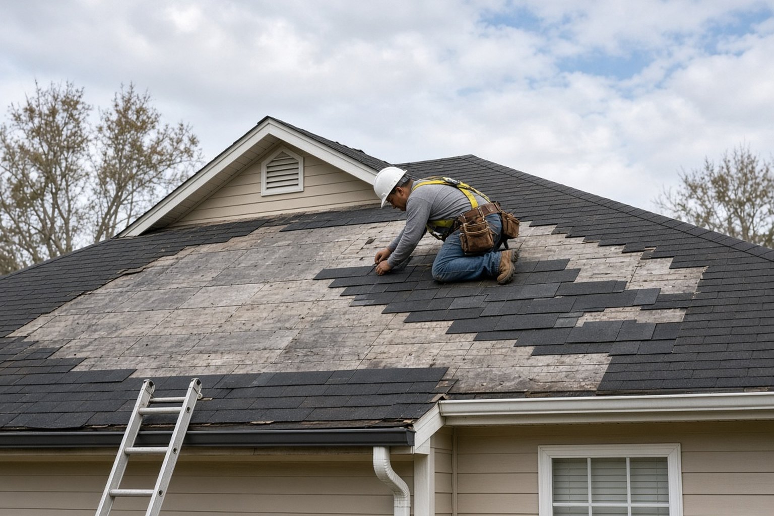 Roofer replacing damaged shingles on a house roof