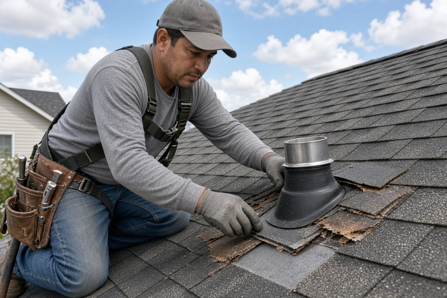 Roofer installing flashing around a roof vent