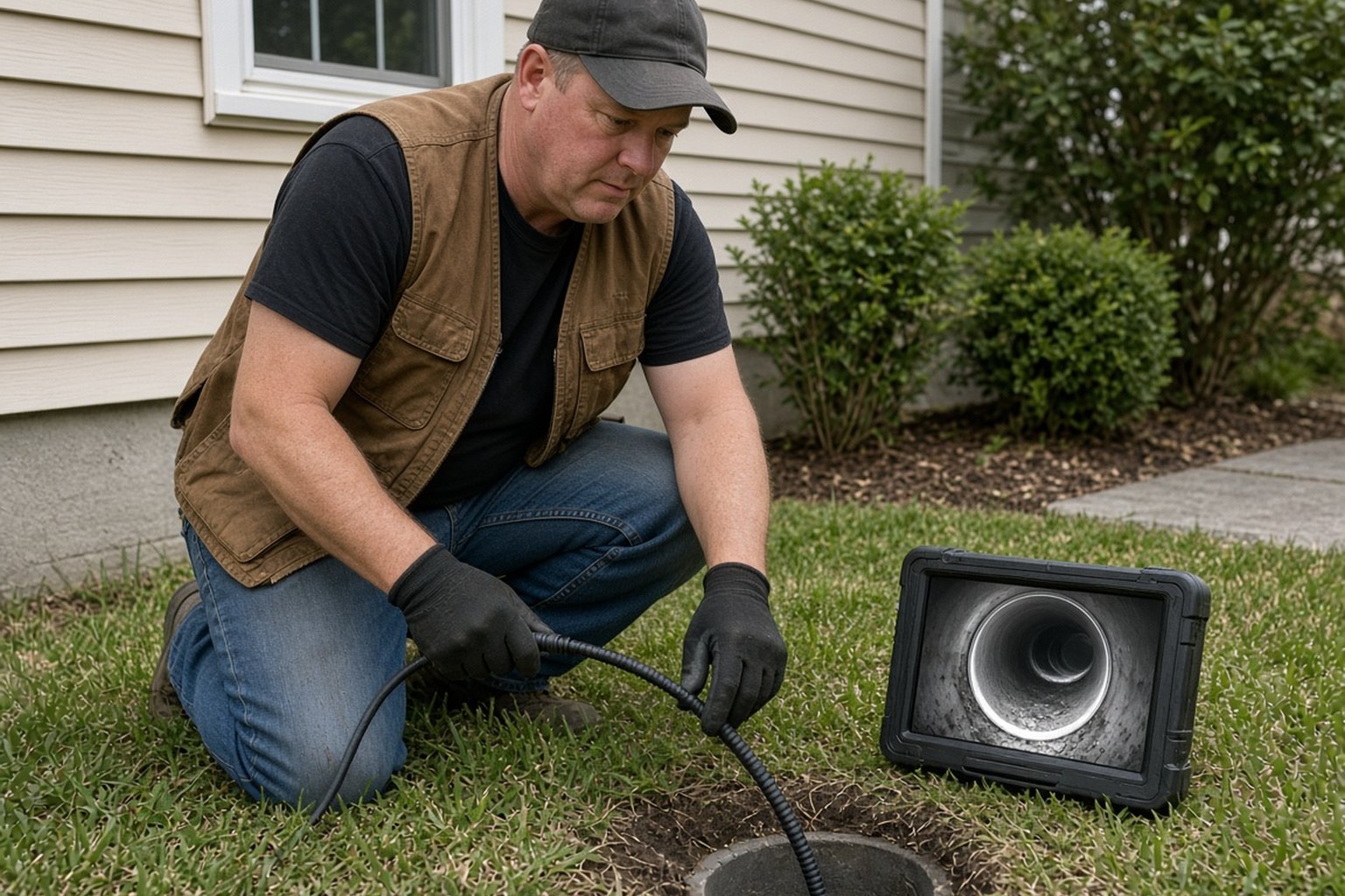 Plumber running a sewer camera into a yard cleanout
