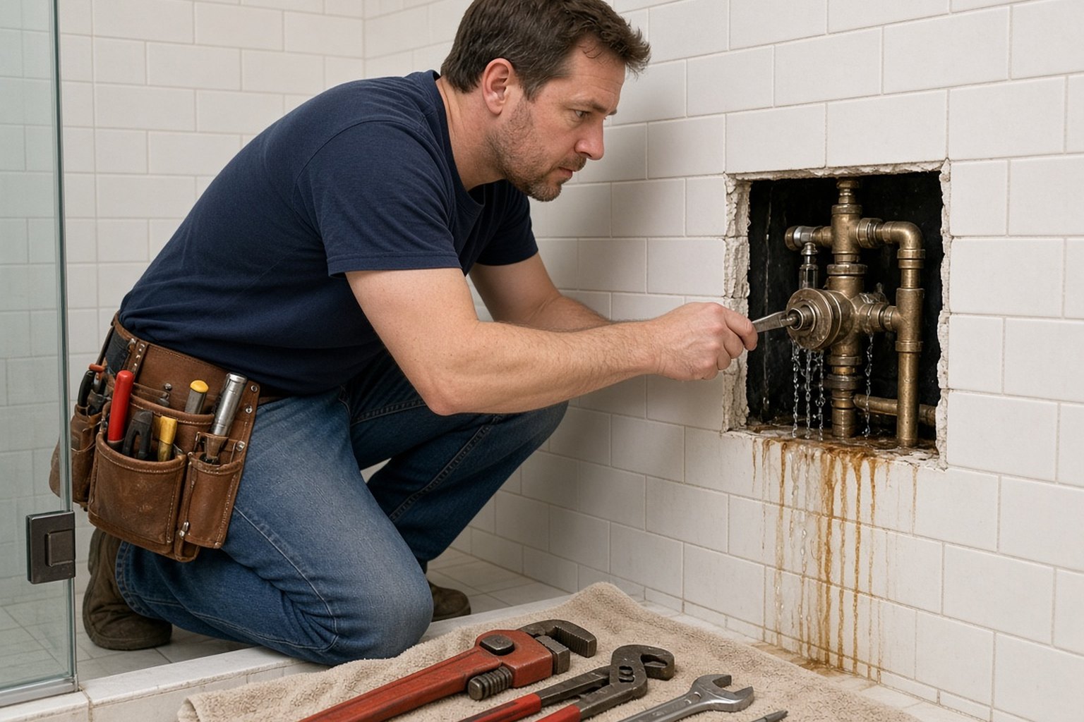 Plumber repairing shower valve plumbing behind an opened tile wall