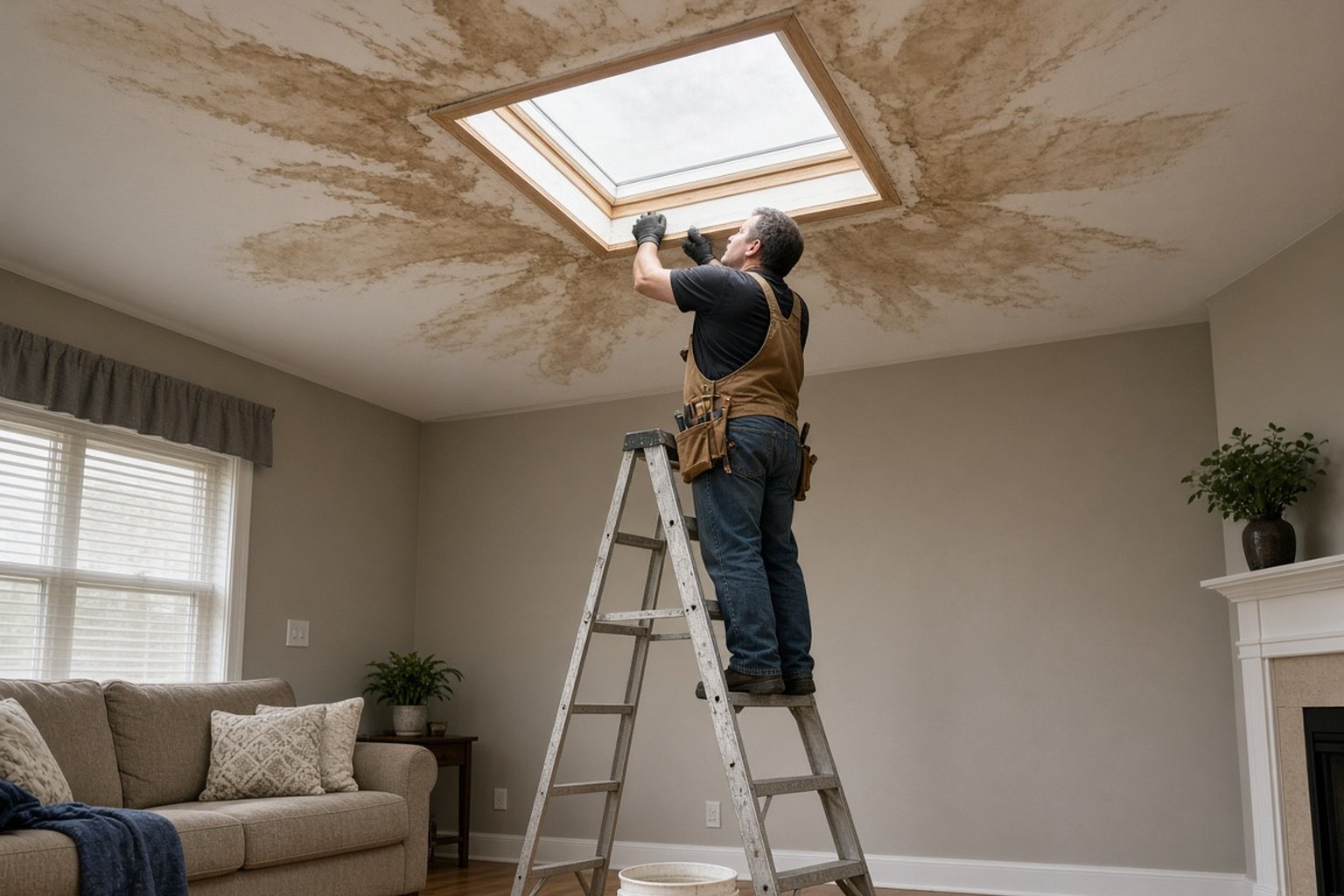 Technician on a ladder inspecting a leaking skylight