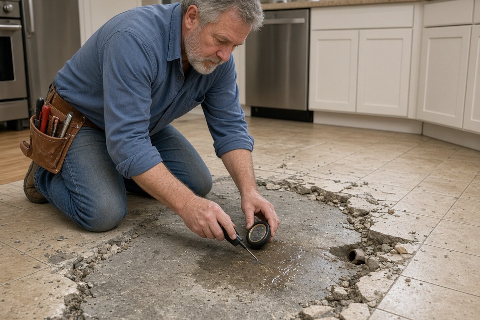 Plumber inspecting a cracked floor slab with water seeping through