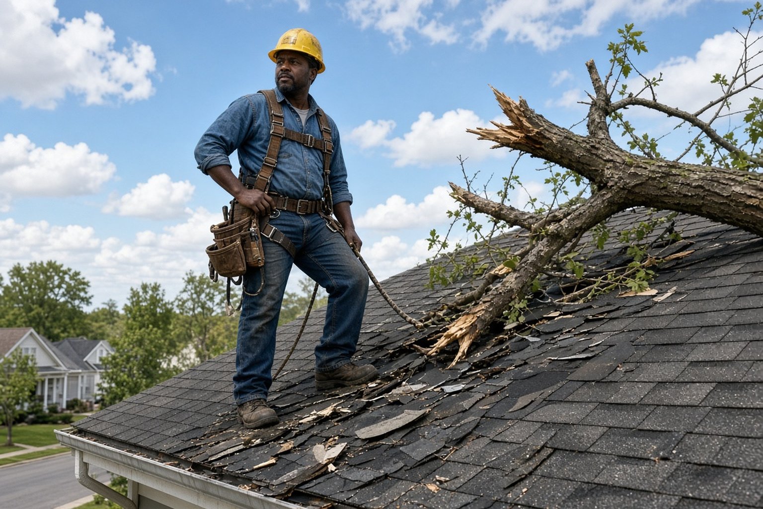 Roofer in a hard hat standing on a roof damaged by a fallen tree