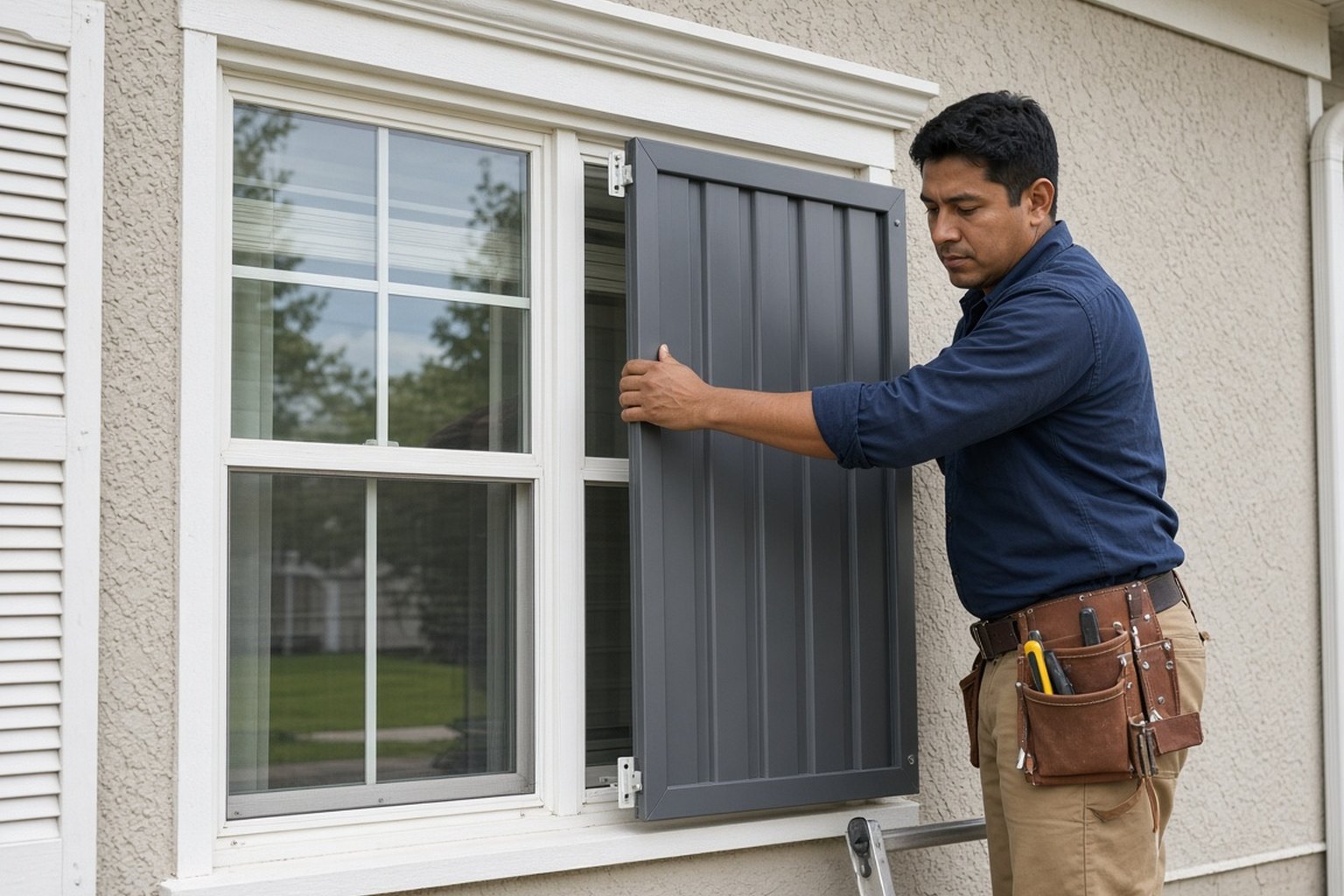 Technician installing a storm shutter beside a window