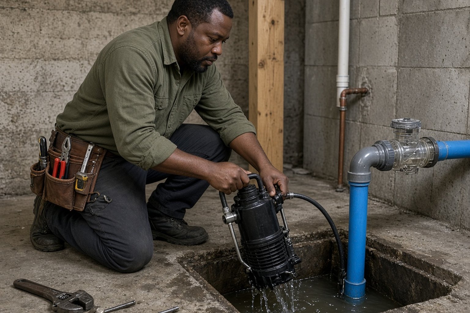 Plumber installing a sump pump in a basement pit