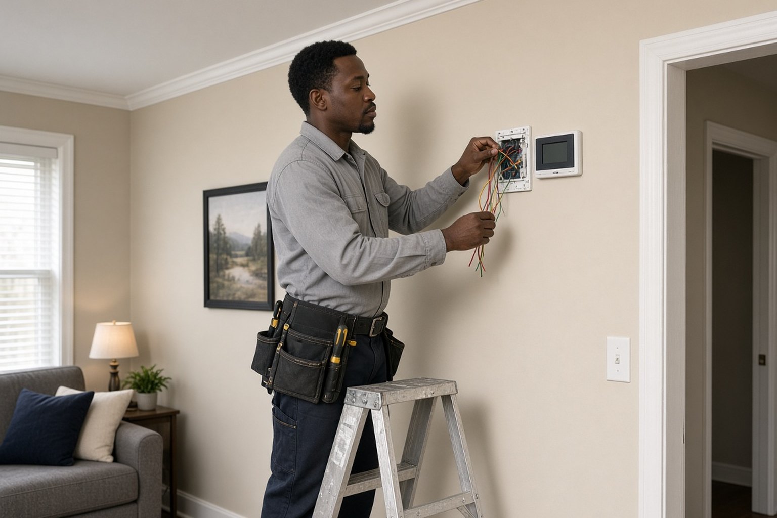 Technician installing a wall thermostat
