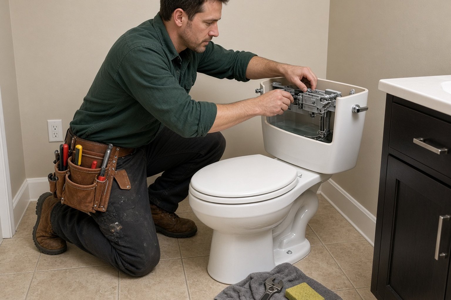 Plumber repairing the inside of a toilet tank