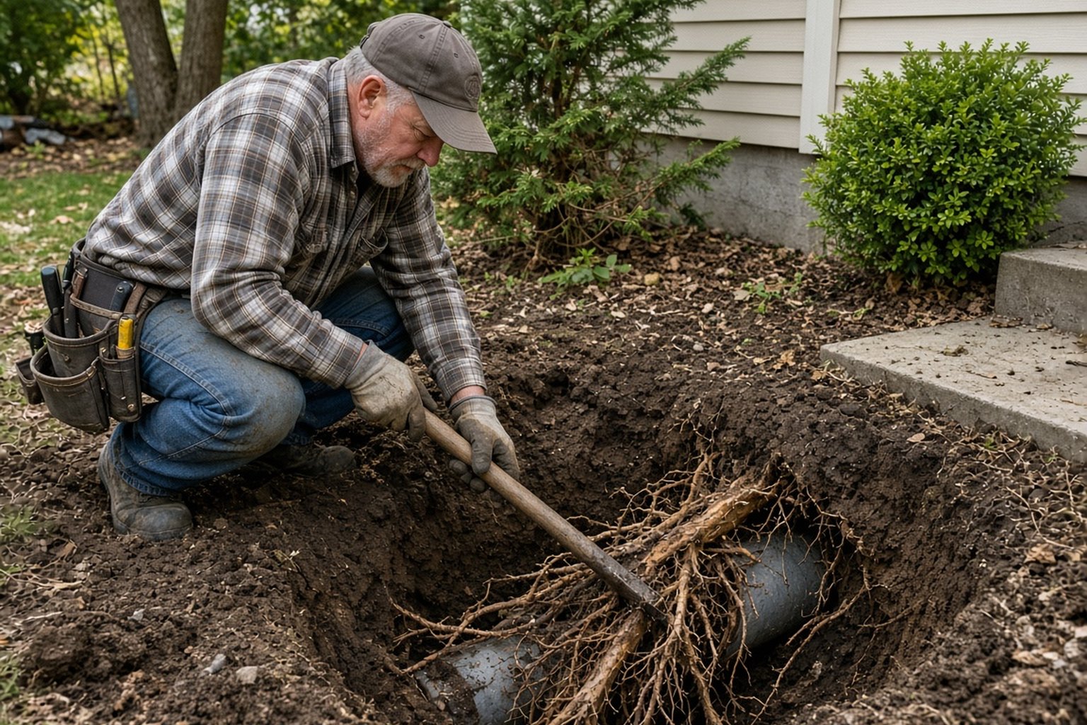 Worker removing tree roots from an excavated sewer line