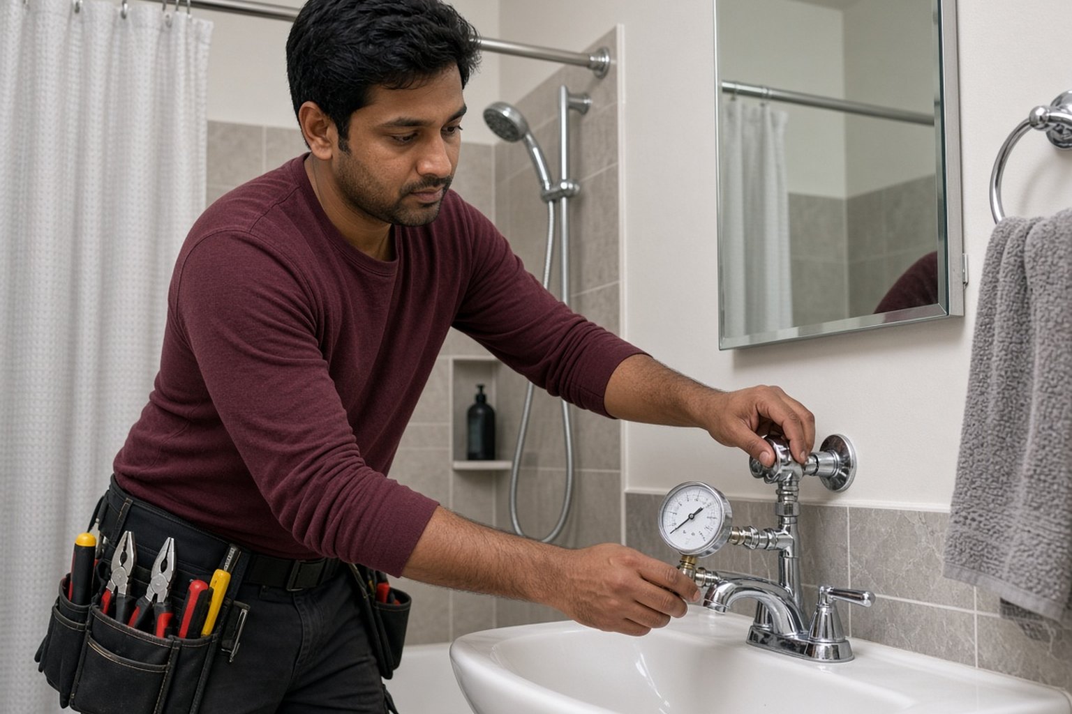 Plumber checking water pressure with a gauge on a bathroom faucet