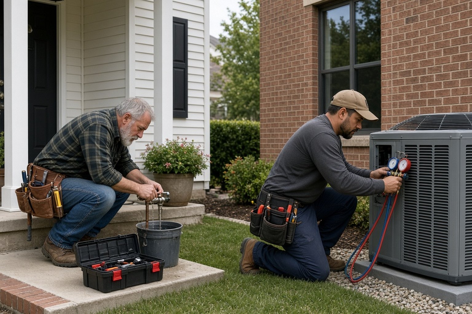 Technicians repairing a front step and servicing an outdoor air conditioner