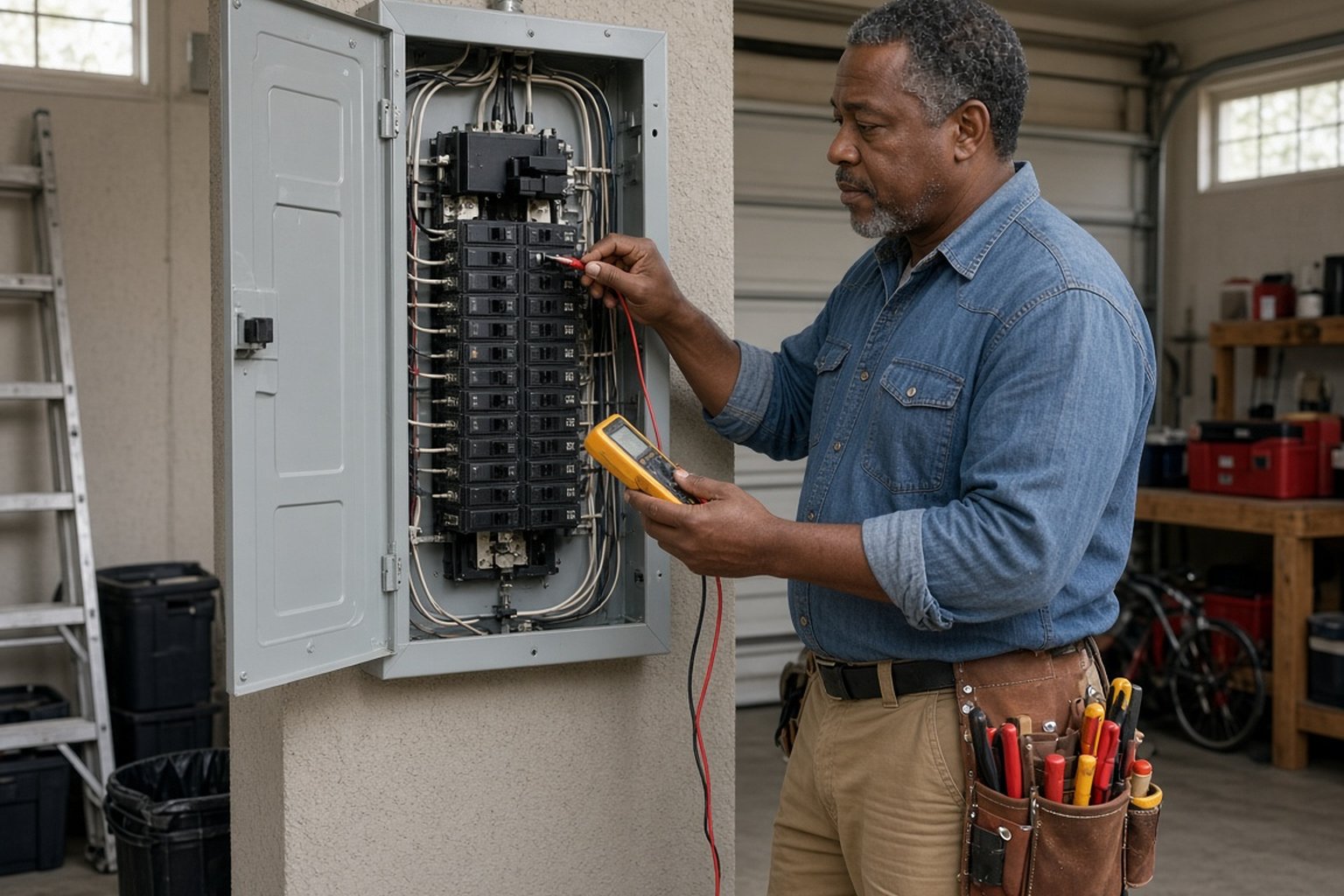 Electrician testing a breaker panel in a garage with a multimeter