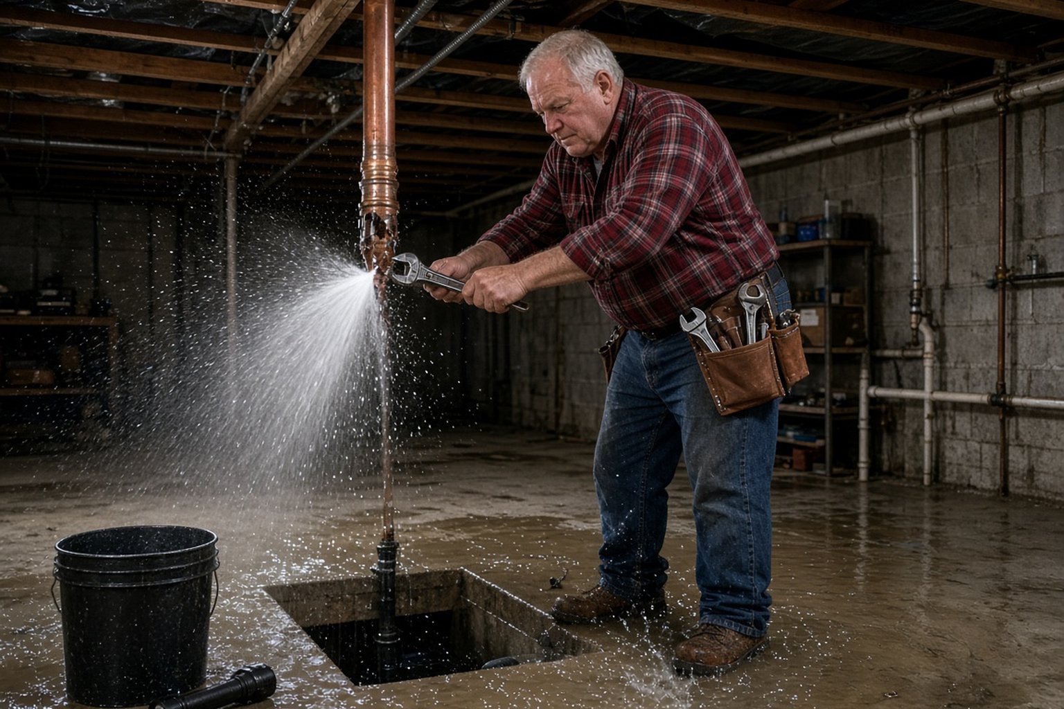 Plumber working on a burst pipe spraying water in a basement