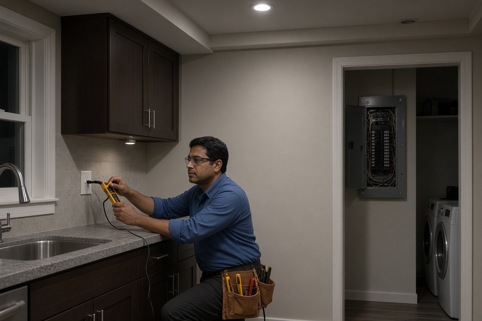 Electrician testing a kitchen outlet near an open breaker panel