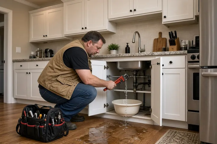 Plumber repairing a leaking pipe under a kitchen sink