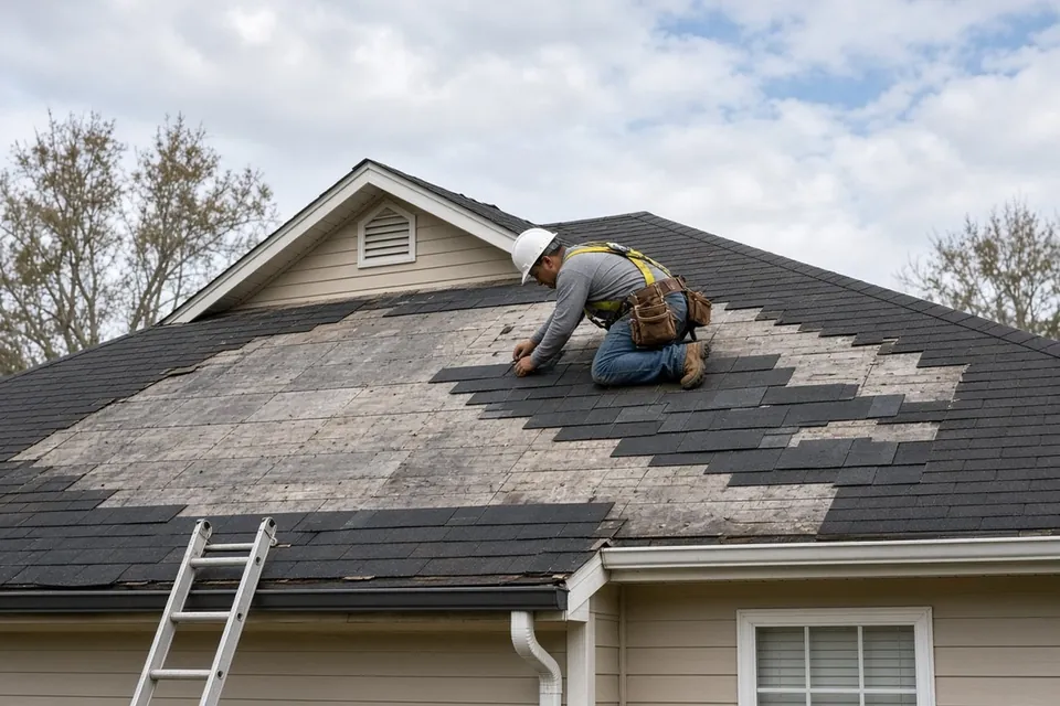 Roofer replacing damaged shingles on a house roof