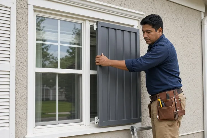 Technician installing a storm shutter beside a window