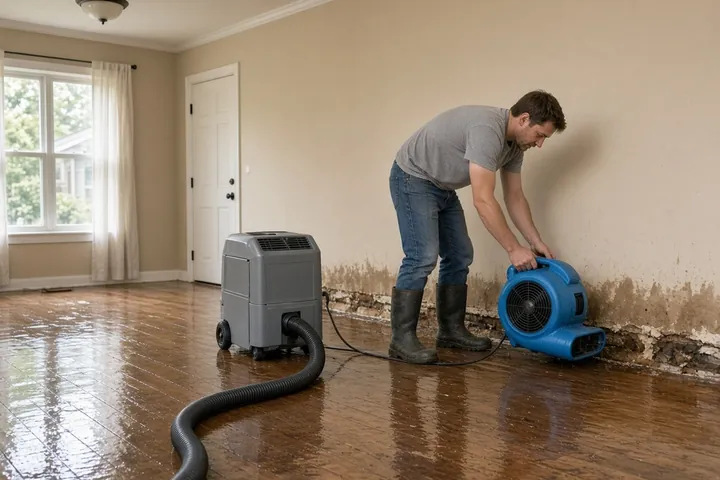 Technician setting up an air mover and dehumidifier on a wet hardwood floor