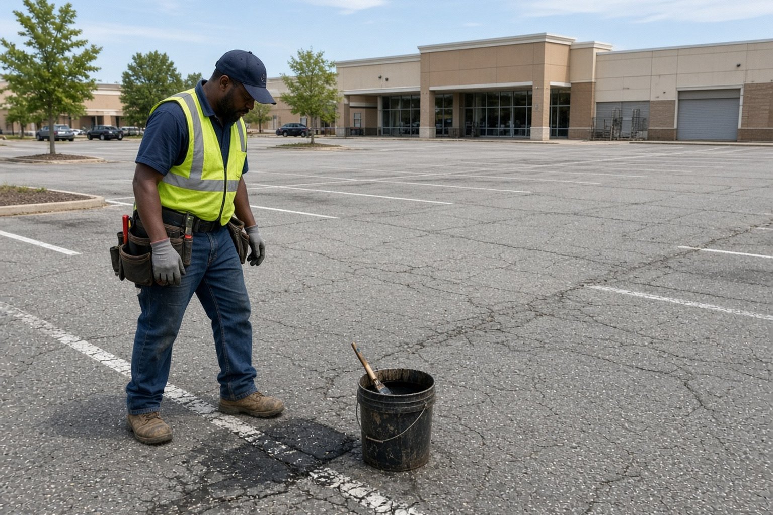 Worker inspecting a cracked parking lot