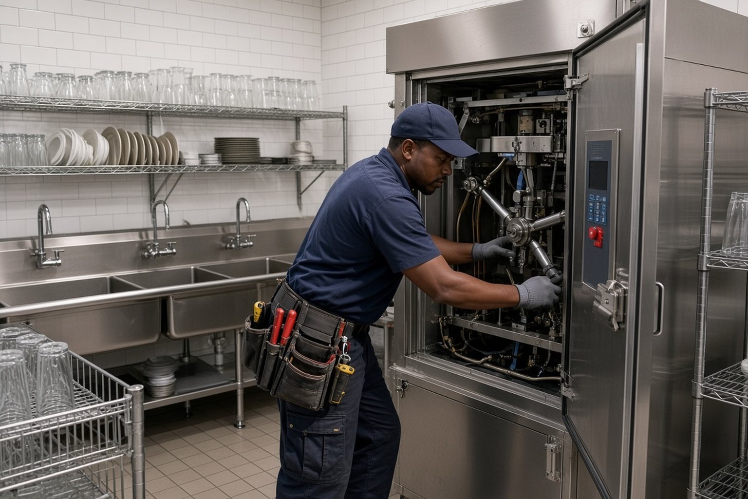Technician repairing a commercial dishwasher in a restaurant kitchen