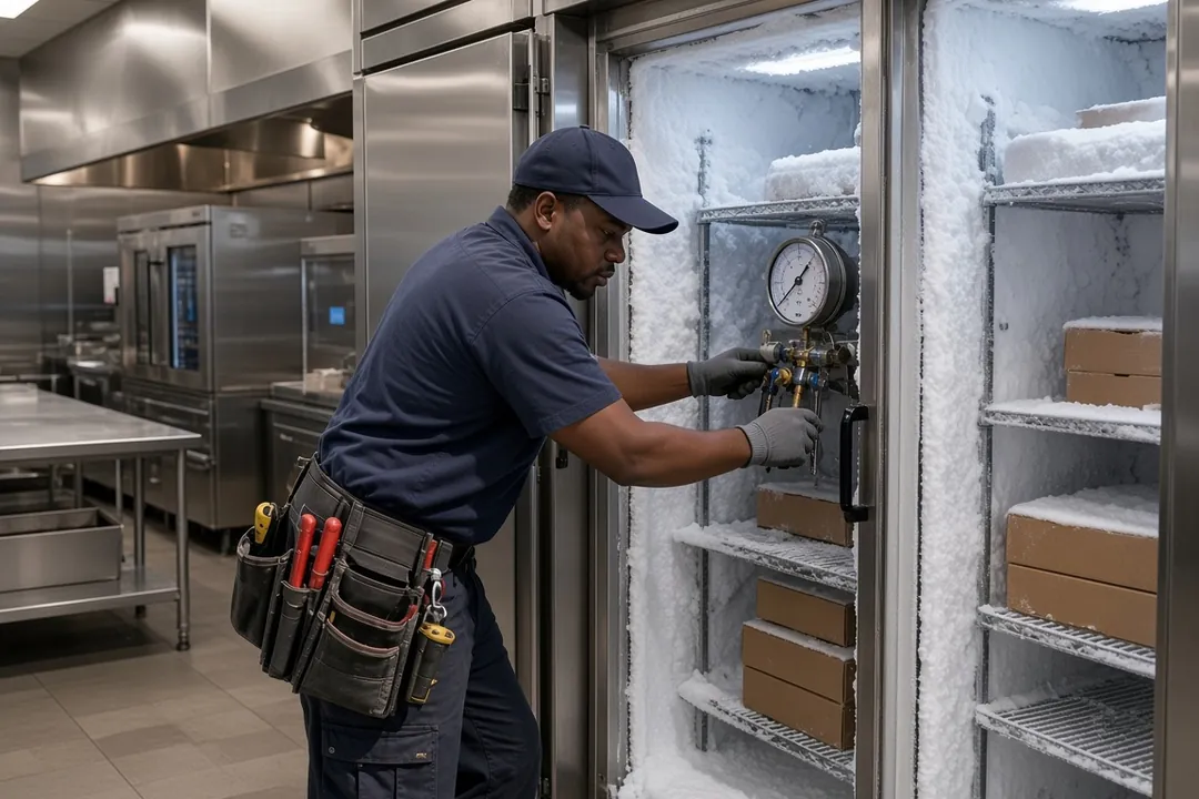 Technician checking refrigerant gauges on a frosted commercial freezer