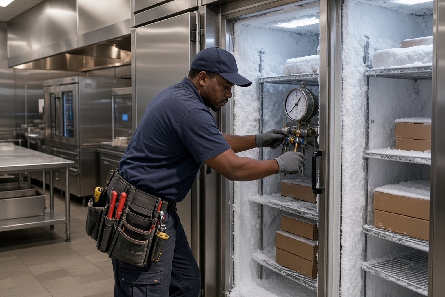 Technician checking refrigerant gauges on a frosted commercial freezer