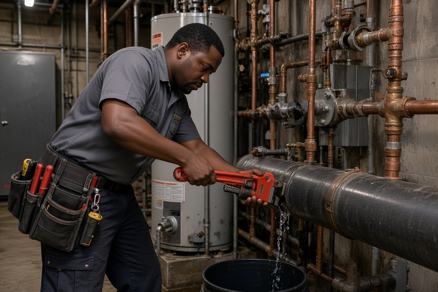 Plumber working on large commercial pipes with a pipe wrench