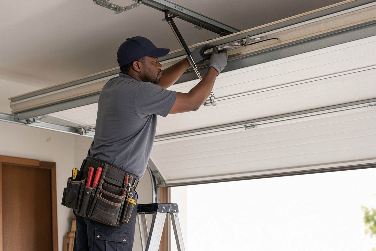 Technician adjusting a garage door track