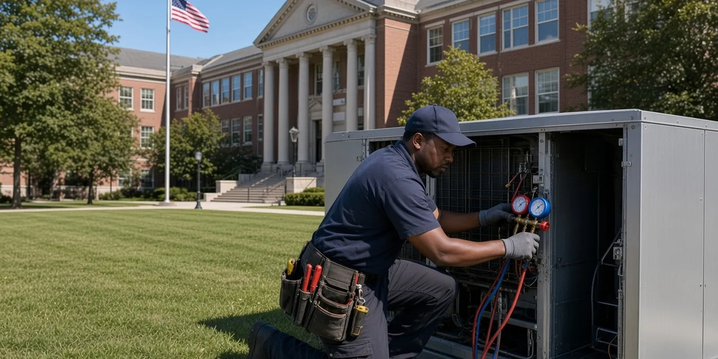 Technician servicing an outdoor HVAC unit outside a school building
