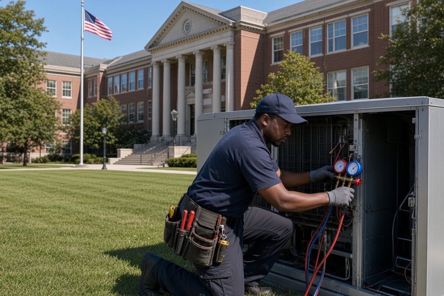 Technician servicing an outdoor HVAC unit outside a school building