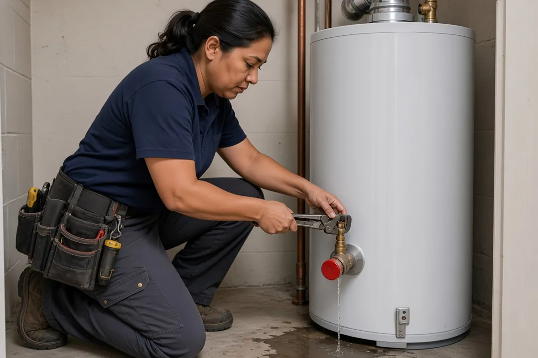 Plumber working on a water heater valve