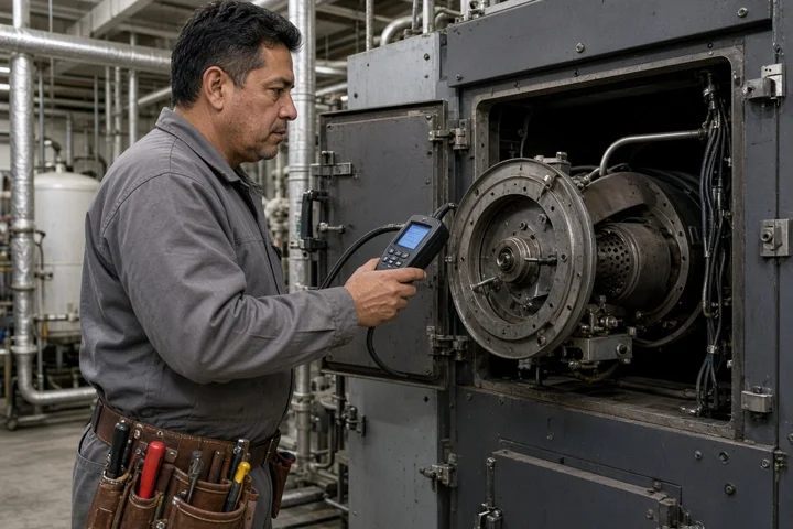 Technician testing a commercial boiler burner with a handheld meter