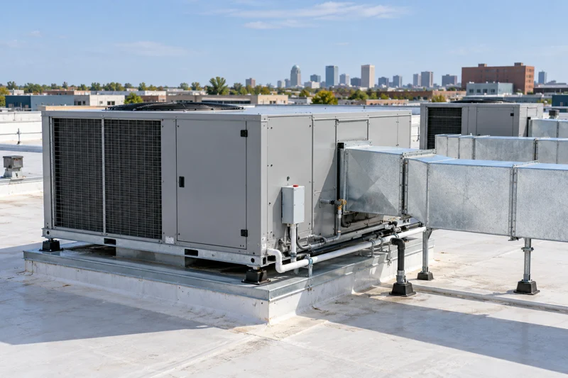 Rooftop HVAC units on a flat commercial roof