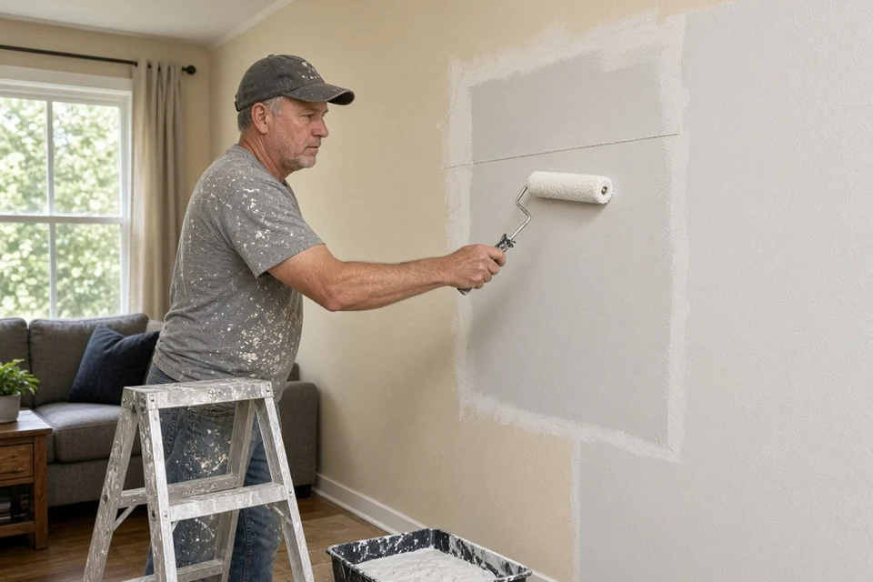 Painter rolling primer over a patched living room wall